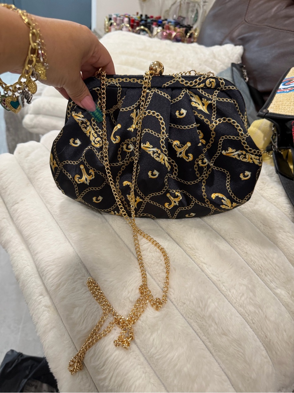 Elegant Black & Gold Chain-Print Evening Handbag